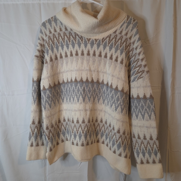 London Kaye Sweaters - London Kaye Nordic Pattern Cowl Neck Cotton Blend Sweater - Cream Grey Size L